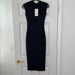 Zara Black Sheath Midi Dress Mock Neck Cap Sleeve